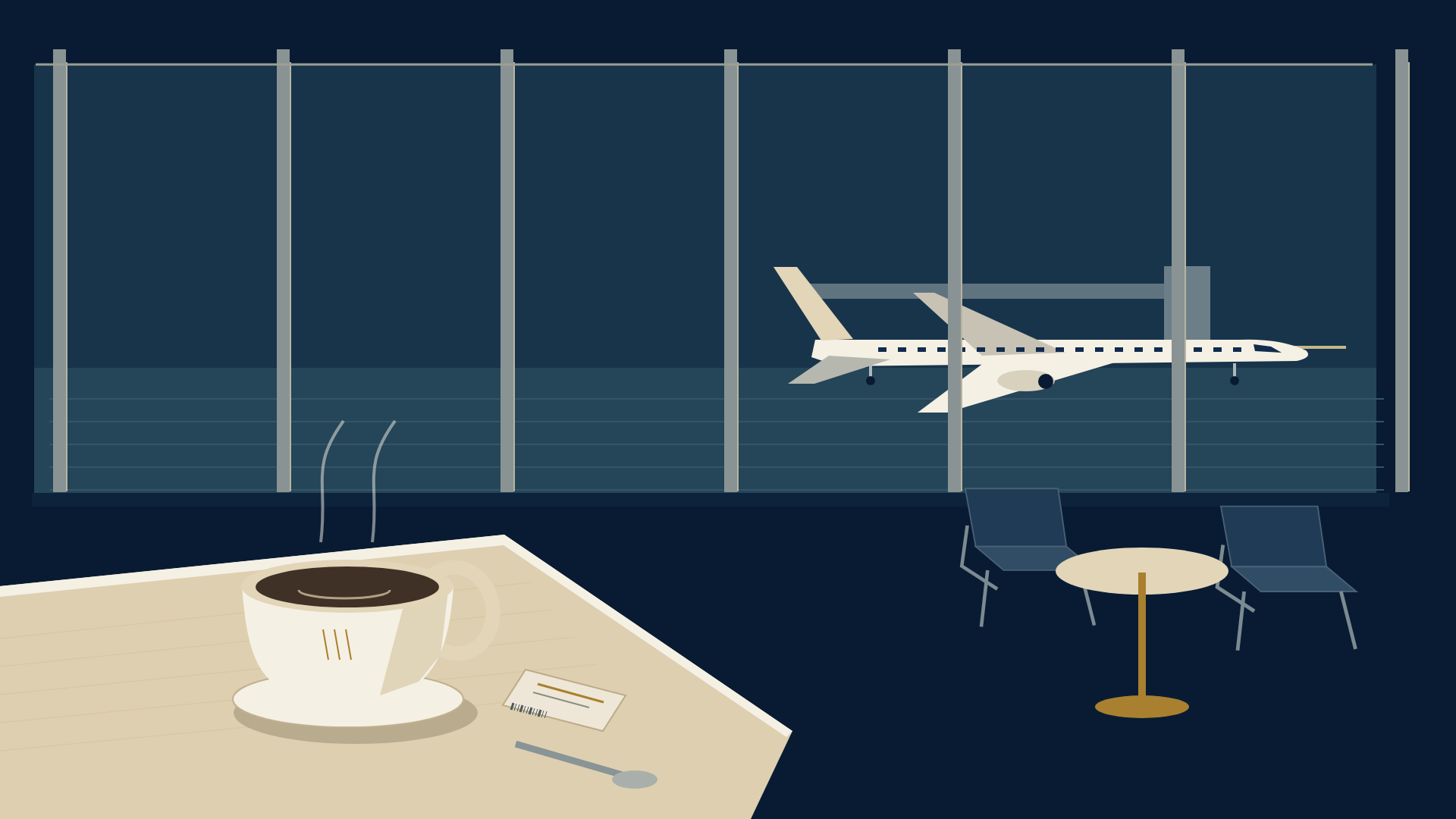 An editorial illustration of coffee and café seating beside an airport terminal window overlooking a passenger aircraft